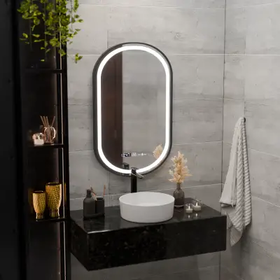 Oglinda LED Touch Helmut Sistem Dezaburire, Ceas Si Temperatura 50x80 Cm Rama Negru Brushed Marcello Funghi