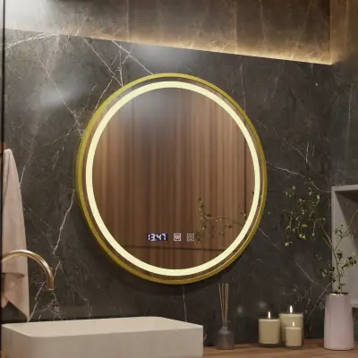 Oglinda LED Touch LUSSO, Sistem Dezaburire, Ceas Si Temperatura, Diametru 60cm, Rama Auriu Brushed, Lumina Calda Rece Neutra 3000K/4500K/6000K, Dimabila