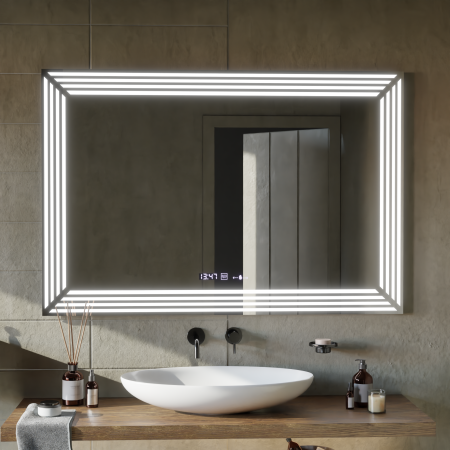 Oglinda LED Rectangulara, 80x60cm, Venezia Senzor MotionGlow Marcello, Sistem Dezaburire, Ceas & Termometru, Dimabila