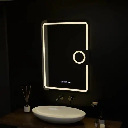 Oglinda LED Rectangulara, 50x70cm, Eclat MotionGlow Marcello, Sistem Dezaburire, Ceas & Termometru, Lupa Cosmetica, Dimabila