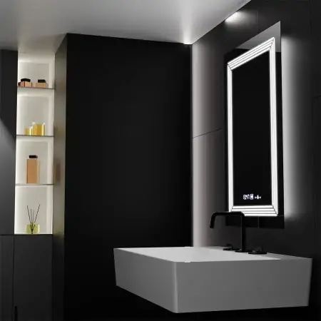 Oglinda LED Rectangulara, 60x80cm, Venezia Senzor MotionGlow Marcello, Sistem Dezaburire, Ceas & Termometru, Dimabila, Lumina Calda Neutra Rece 3000K/4000K/6000K