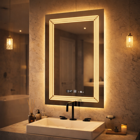 Oglinda LED Rectangulara, 60x80cm, Venezia Senzor MotionGlow Marcello, Sistem Dezaburire, Ceas & Termometru, Dimabila, Lumina Calda Neutra Rece 3000K/4000K/6000K