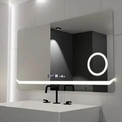 Oglinda LED Rectangulara, 80x60cm, Definition MotionGlow Marcello, Sistem Dezaburire, Ceas & Termometru, Lupa Cosmetica, Dimabila