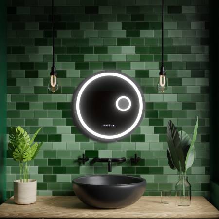 Oglinda LED Rotunda, 11W, 60cm, Micah Senzor MotionGlow Marcello, Sistem Dezaburire, Ceas & Termometru, Lupa Cosmetica, Dimabila