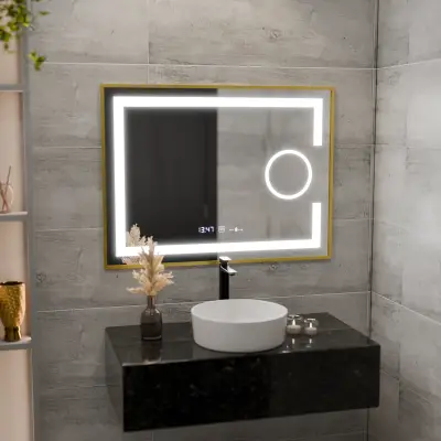 Oglinda LED Rectangulara, 80x60cm, Eclat MotionGlow Marcello, Sistem Dezaburire, Ceas & Termometru, Lupa Cosmetica, Dimabila, Rama Auriu Brushed