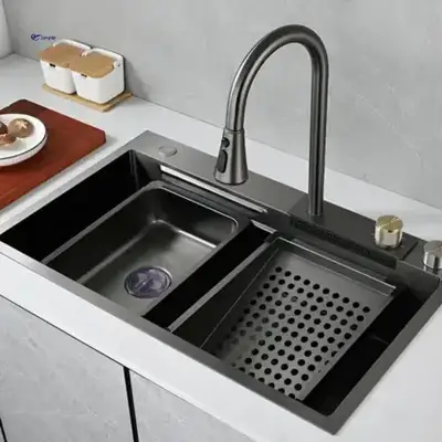 Set Chiuveta Bucatarie Inox Cu Baterie Dubla, Cuva Perforare Legume/Fructe, Cuva Universala Cu Dop Scurgere, Tocator, Negru Grafit, 75x45X21cm