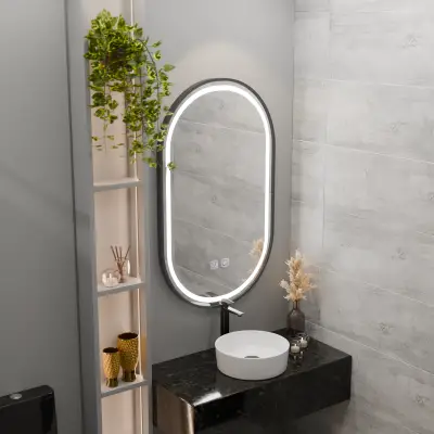 Oglinda LED Ovala 50x100cm VETRO Touch Sistem Dezaburire Dimabila, Rama Neagra
