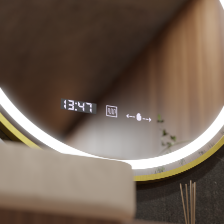 Oglinda LED Senzor MotionGlow Faratya Sistem Dezaburire Termometru Si Ceas Rama Auriu Periat Rotunda Diametru 100 Cm Lumina Rece/Calda/Neutra Dimabila Colectia Marcello Funghi