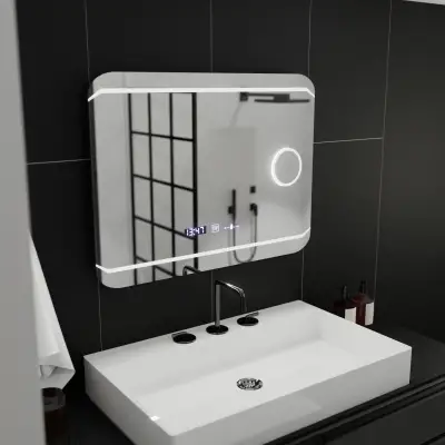 Oglinda LED Rectangulara, 80x60cm, Stile MotionGlow Marcello, Sistem Dezaburire, Ceas & Termometru, Lupa Cosmetica, Dimabila