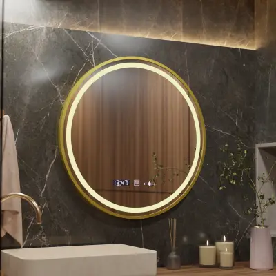 Oglinda LED Rotunda, 70cm, Celeste Royale Gold MotionGlow Marcello, Sistem Dezaburire, Ceas & Termometru, Dimabila