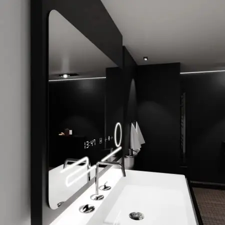 Oglinda LED Senzor MotionGlow Filia, Cu Functie Dezaburire Termometru Ceas Si Lupa Cosmetica, 100x60 Cm Lumina Rece/Calda/Neutra Dimabila, Colectia Marcello Funghi