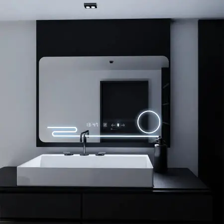 Oglinda LED Senzor MotionGlow Filia, Cu Functie Dezaburire Termometru Ceas Si Lupa Cosmetica, 100x60 Cm Lumina Rece/Calda/Neutra Dimabila, Colectia Marcello Funghi