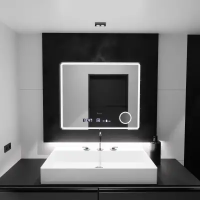 Oglinda LED Rectangulara, 90x75cm, Riflesso MotionGlow Marcello, Sistem Dezaburire, Ceas & Termometru, Lupa Cosmetica, Dimabila