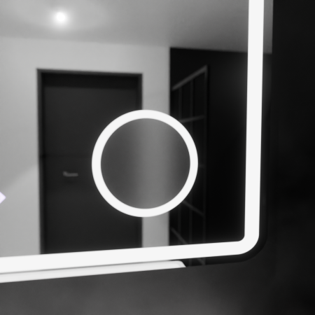 Oglinda LED Rectangulara, 90x75cm, Riflesso MotionGlow Marcello, Sistem Dezaburire, Ceas & Termometru, Lupa Cosmetica, Dimabila