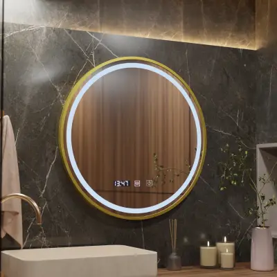 Oglinda LED Touch LUSSO Sistem Dezaburire, Ceas Si Temperatura, 70 Cm, Rama Auriu Brushed