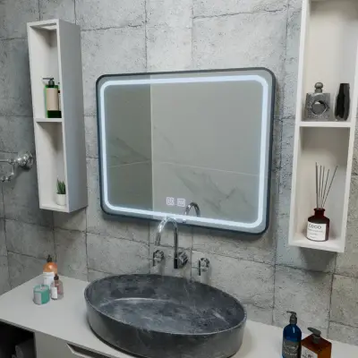 Oglinda LED Rectangulara 90x75cm EDGE Touch Sistem Dezaburire, Rama Neagra