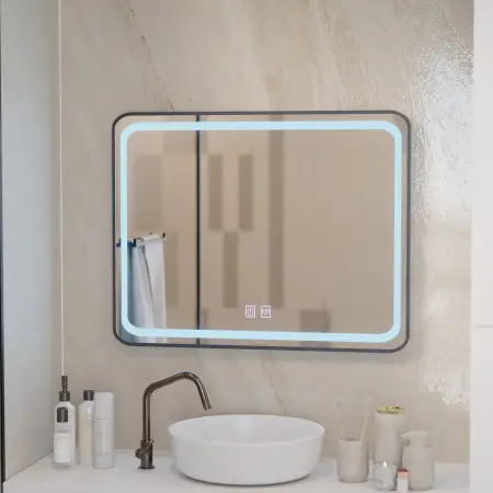 Oglinda LED Rectangulara 90x75cm EDGE Touch Sistem Dezaburire, Rama Neagra