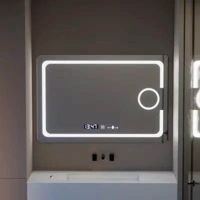 Oglinda LED Rectangulara, 110x75cm, Eclat MotionGlow Marcello, Sistem Dezaburire, Ceas & Termometru, Lupa Cosmetica, Dimabila
