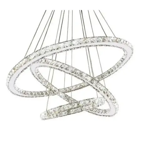 Lustra LED Suspendata Cu Telecomanda Si Cristal TEATRU 36W, 3 Cercuri, Lumina Rece/Calda/Neutra, Dimabila, Crom Lucios, Inaltime Reglabila