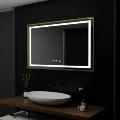 Oglinda LED Senzor Levianth, MontioGlow, Sistem Dezaburire, Termometru Si Ceas, Rama Auriu Periat, 100x80 Cm Lumina Rece/Calda/Neutra Dimabila Colectia Marcello Funghi