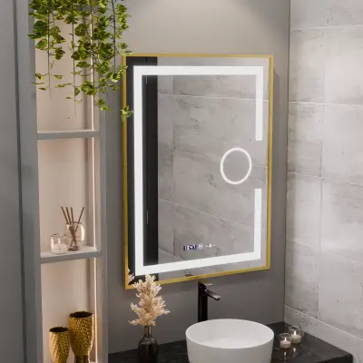 Oglinda LED Rectangulara, 60x80cm, Eclat MotionGlow Marcello, Sistem Dezaburire, Ceas & Termometru, Lupa Cosmetica, Dimabila, Rama Auriu Brushed