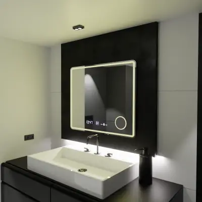 Oglinda LED Rectangulara, 80x60cm, Riflesso MotionGlow Marcello, Sistem Dezaburire, Ceas & Termometru, Lupa Cosmetica, Dimabila