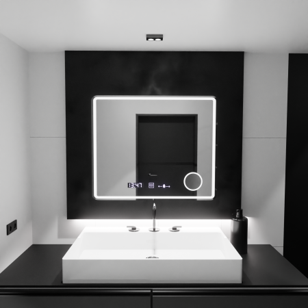 Oglinda LED Rectangulara, 80x60cm, Riflesso MotionGlow Marcello, Sistem Dezaburire, Ceas & Termometru, Lupa Cosmetica, Dimabila