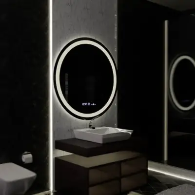 Oglinda LED Rotunda, 100cm, Celeste MotionGlow Marcello, Sistem Dezaburire, Ceas & Termometru, Dimabila