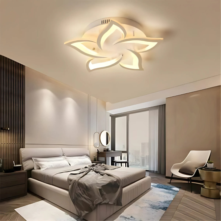 Lustra LED Cu Telecomanda LOTUS 54W, 5 Petale, Lumina Rece/Calda/Neutra, Dimabila, Alb