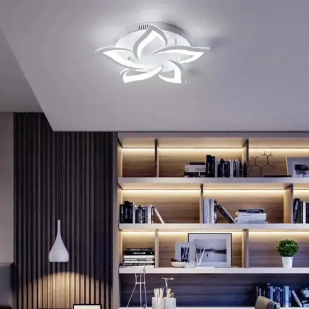 Lustra LED Cu Telecomanda LOTUS 54W, 5 Petale, Lumina Rece/Calda/Neutra, Dimabila, Alb