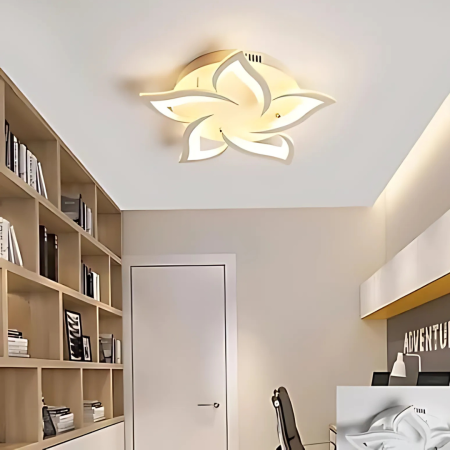 Lustra LED Cu Telecomanda LOTUS 54W, 5 Petale, Lumina Rece/Calda/Neutra, Dimabila, Alb