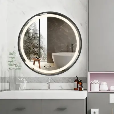 Oglinda LED Touch Splend'or Cu Senzor De Miscare Si Ceas, Rama Negru Mat, 70x70cm