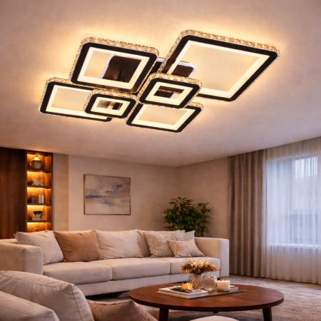 Lustra LED Cu Telecomanda Si Cristal QUADRIS RGB 177W, 6 Patrate, Lumina Rece/Calda/Neutra, Dimabila, Negru