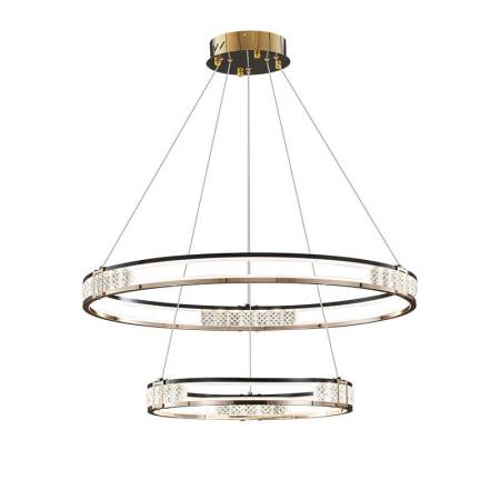 Lustra LED Suspendata Cu Telecomanda Si Cristal ROGER 100W, 2 Cercuri, Lumina Rece/Calda/Neutra, Dimabila, Auriu Lucios, Inaltime Reglabila