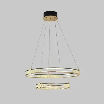 Lustra LED Suspendata Cu Telecomanda Si Cristal ROGER 100W, 2 Cercuri, Lumina Rece/Calda/Neutra, Dimabila, Auriu Lucios, Inaltime Reglabila