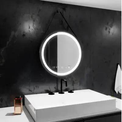 Oglinda LED Rotunda, 50cm, Celeste Majeste Noir Eleve MotionGlow Marcello, Sistem Dezaburire, Ceas & Termometru, Dimabila