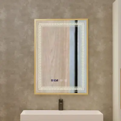 Oglinda LED Touch Bruno Sistem Dezaburire, Ceas Si Temperatura 60x80 Cm Rama Auriu Brushed, S84/60X80
