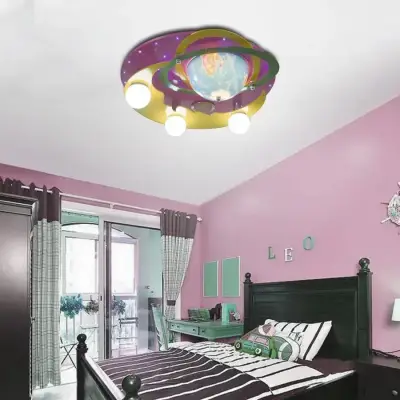 Lustra Beti, 3xE27, Roz Cu Galben, Metal Si Lemn