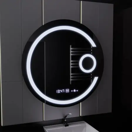 Oglinda LED Rotunda, 22W, 70cm, Visio MotionGlow Marcello, Sistem Dezaburire, Ceas & Termometru, Lupa Cosmetica, Dimabila
