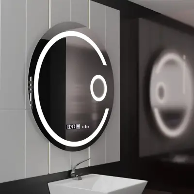 Oglinda LED Rotunda, 22W, 70cm, Visio MotionGlow Marcello, Sistem Dezaburire, Ceas & Termometru, Lupa Cosmetica, Dimabila