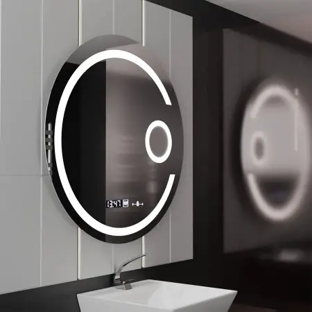 Oglinda LED Rotunda, 22W, 70cm, Visio MotionGlow Marcello, Sistem Dezaburire, Ceas & Termometru, Lupa Cosmetica, Dimabila