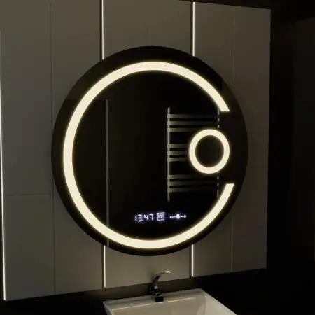 Oglinda LED Rotunda, 22W, 70cm, Visio MotionGlow Marcello, Sistem Dezaburire, Ceas & Termometru, Lupa Cosmetica, Dimabila