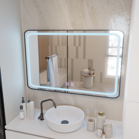 Oglinda LED Rectangulara 100x65cm EDGE Touch Sistem Dezaburire, Rama Neagra