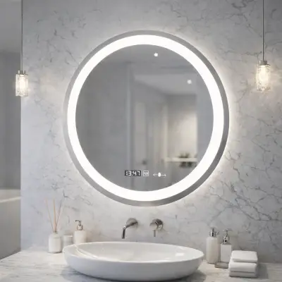 Oglinda LED Rotunda, Diametru 50cm, Celeste MotionGlow Marcello, Sistem Dezaburire, Ceas & Termometru, Dimabila, Lumina Calda Neutra Rece 3000K/4000K/6000K